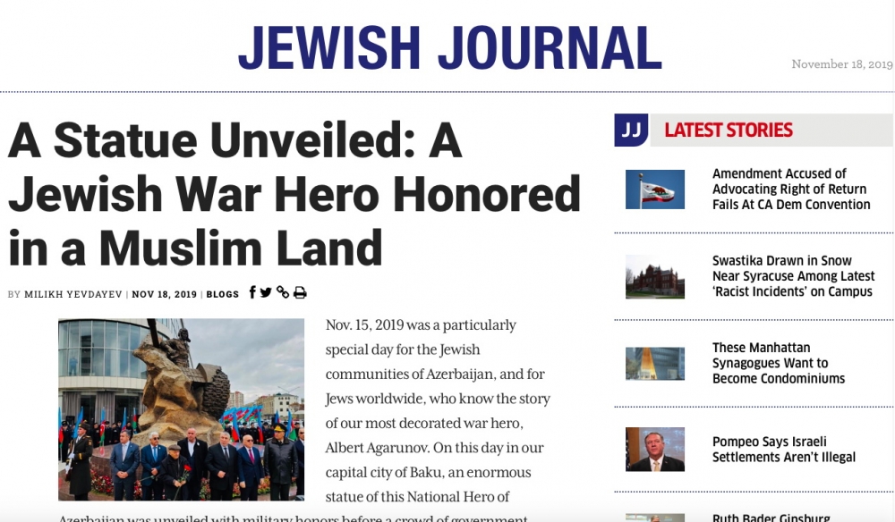 “Jewish Journal” nəşrində Azərbaycanın Milli Qəhrəmanı Albert Aqarunovun abidəsinin açılışı barədə məqalə dərc edilib