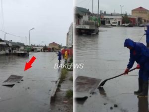 Yağış suları altında lyük axtaran “Azərsu” əməkdaşları